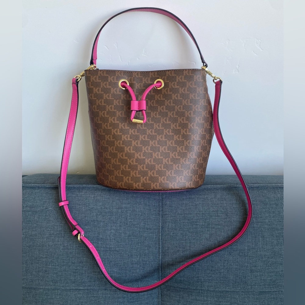 Karl Lagerfeld NWT Maybelle bucket bag- brown monogram canvas with pink trim